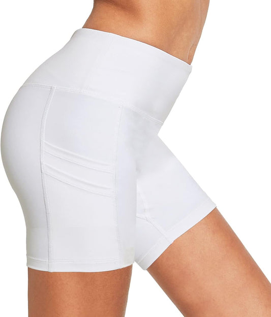 Women'S 5" Workout Spandes Biker Shorts High Waist Compression Yoga Shorts 4 Pockets Volleyball Athletic Running Shorts White Size L