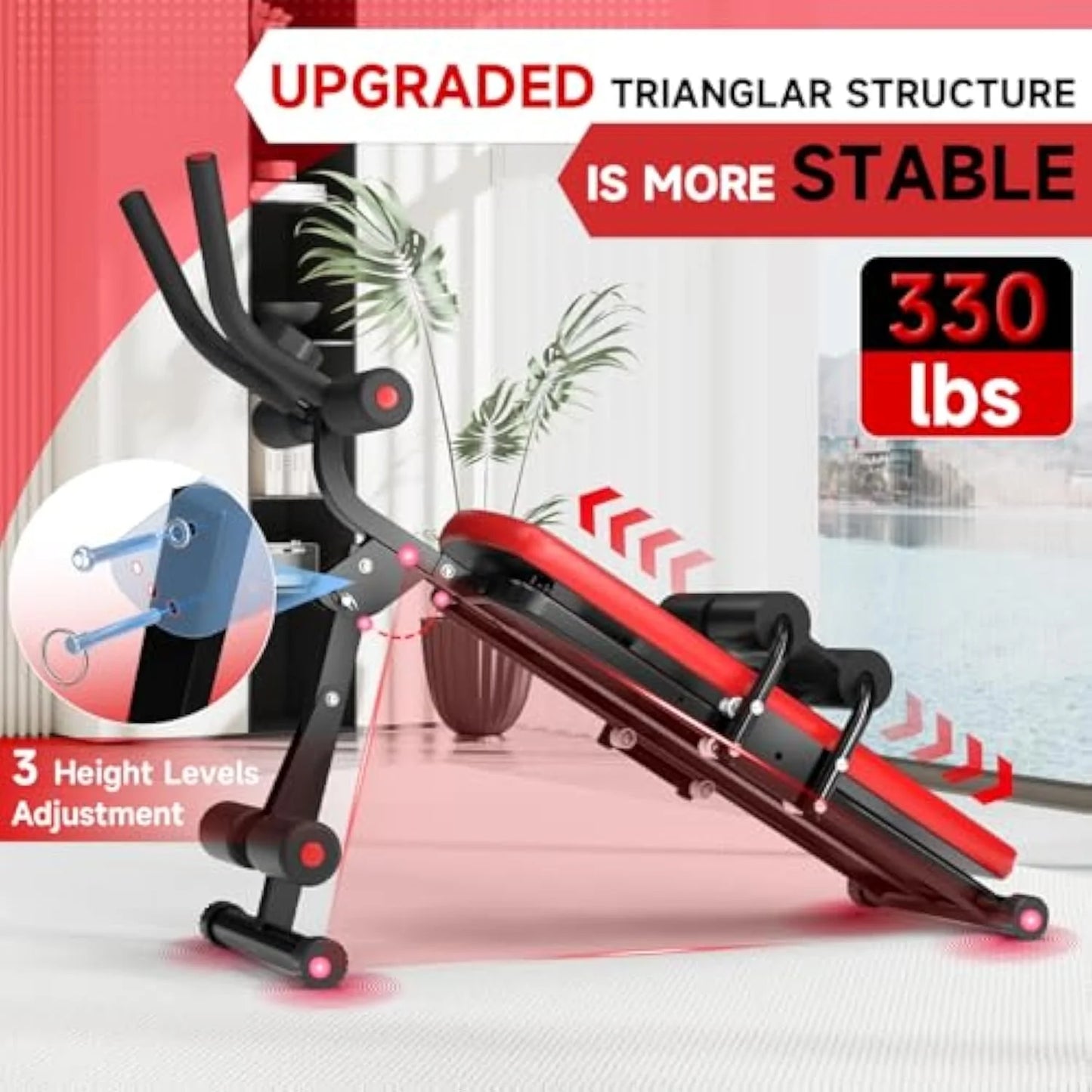 Foldable Ab Machine, Ab Workout Equipment for Home, LCD Display, Red