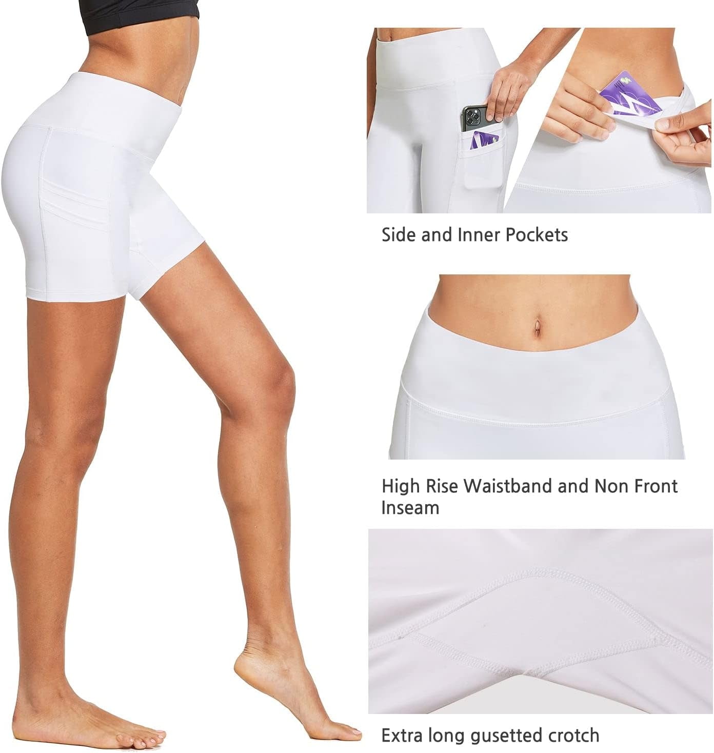 Women'S 5" Workout Spandes Biker Shorts High Waist Compression Yoga Shorts 4 Pockets Volleyball Athletic Running Shorts White Size L